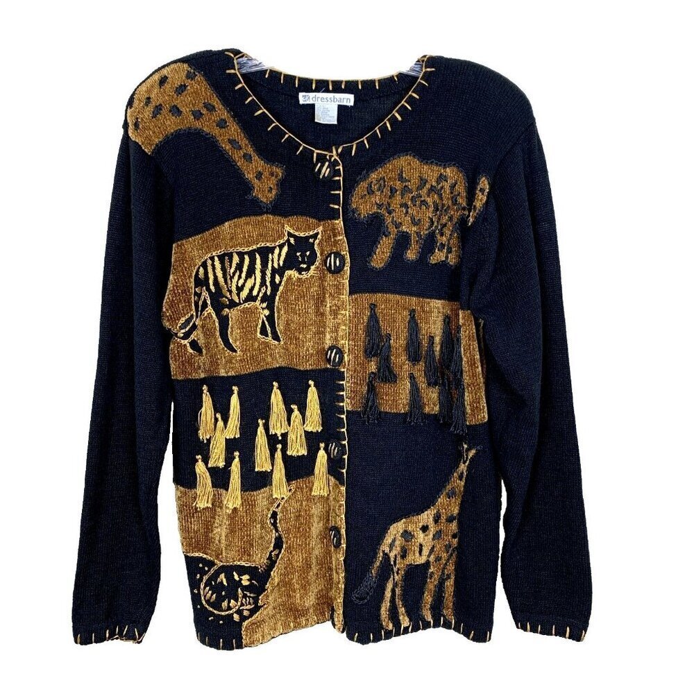 Dressbarn Womens Vintage Cardigan Sweater M Safari Jungle Animal Tassel 90s 80s